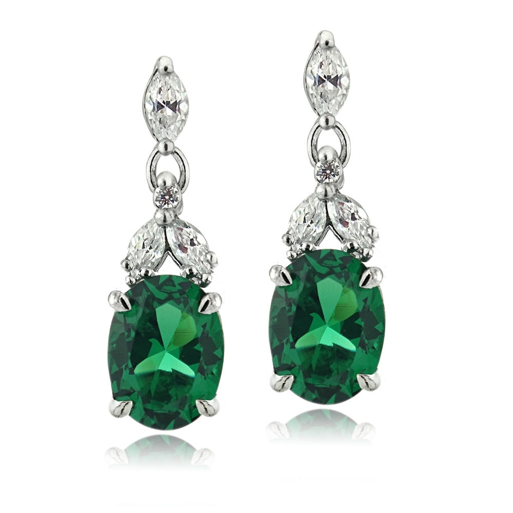 Sterling Silver Created Emerald & CZ Oval Dangle Earrings