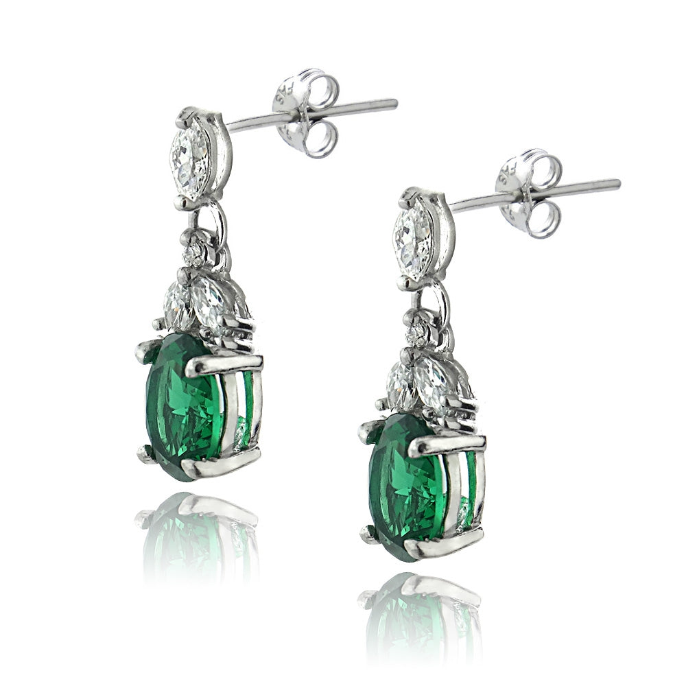 Sterling Silver Created Emerald & CZ Oval Dangle Earrings-2