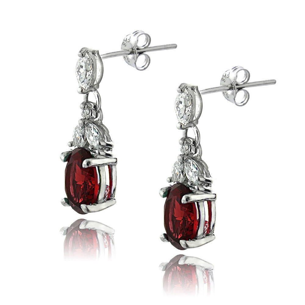 Sterling Silver Created Ruby & CZ Oval Dangle Earrings-2