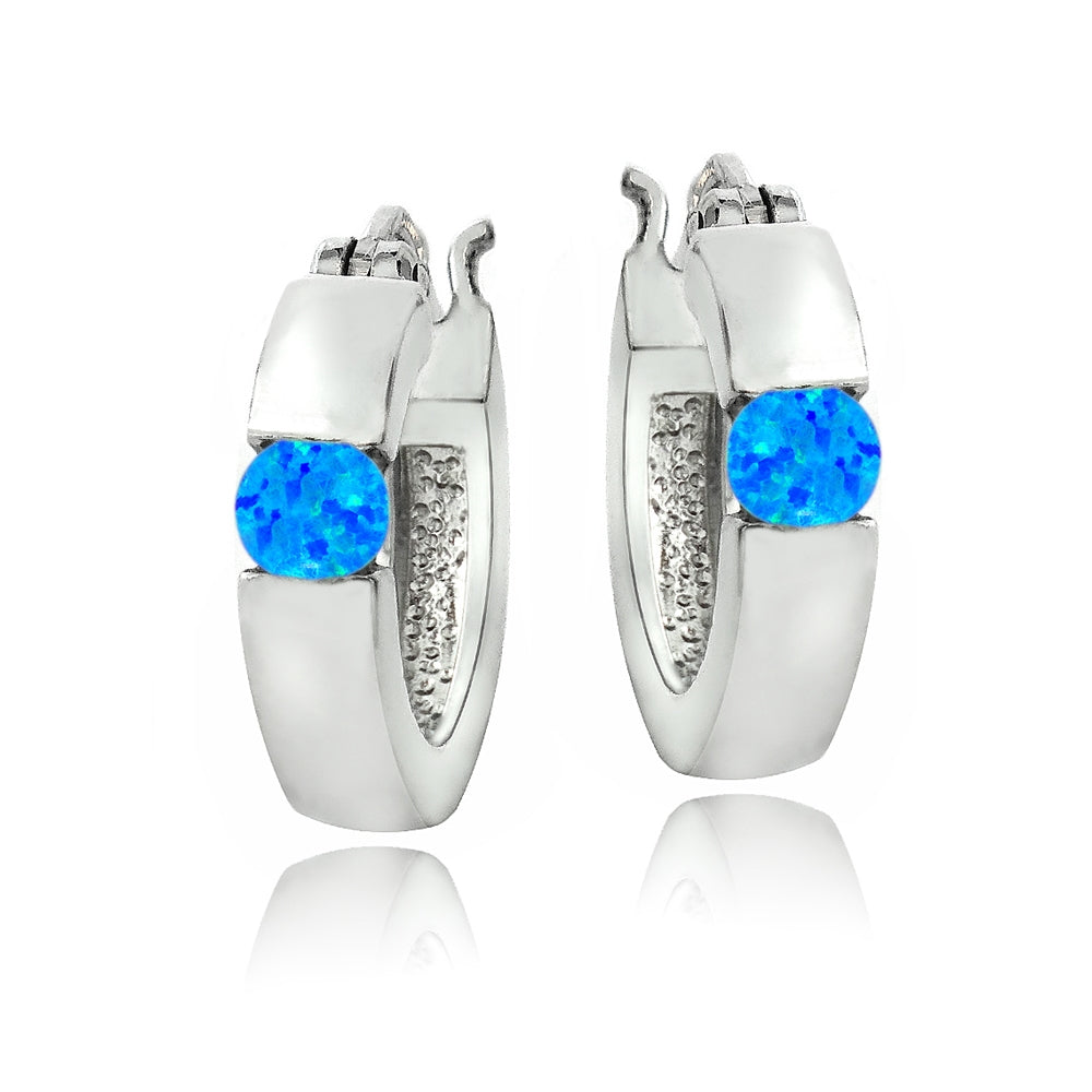 Sterling Silver Created Blue Opal Huggie Earrings-2