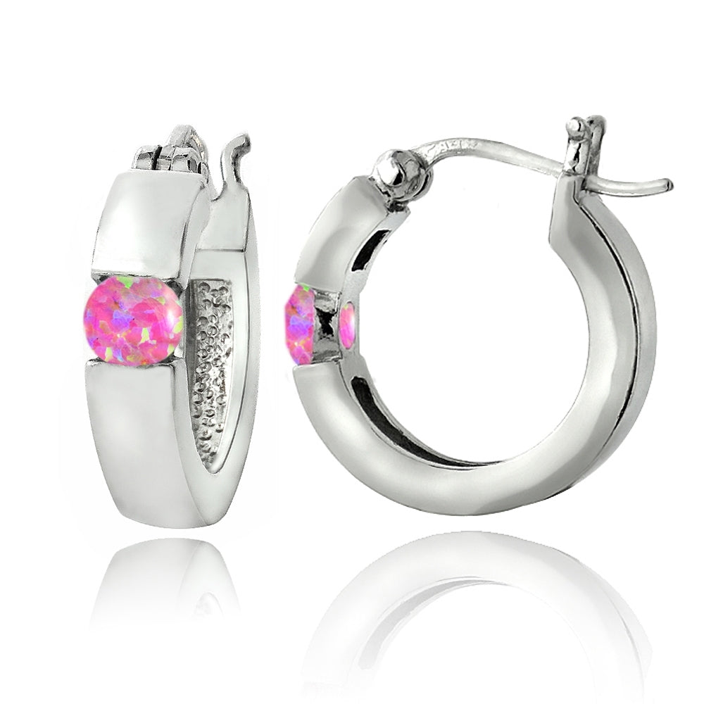 Sterling Silver Created Pink Opal Huggie Earrings