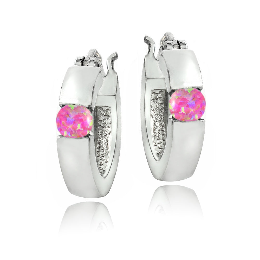 Sterling Silver Created Pink Opal Huggie Earrings-2