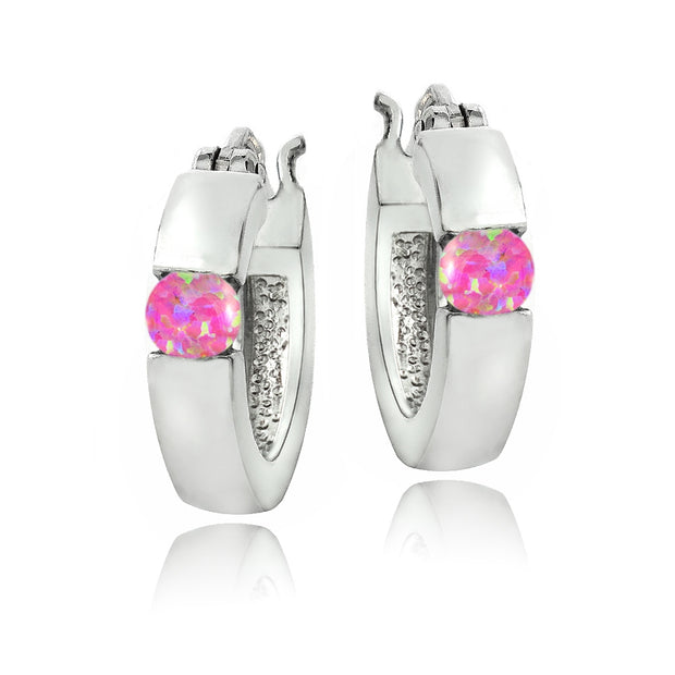 Sterling Silver Created Pink Opal Huggie Earrings