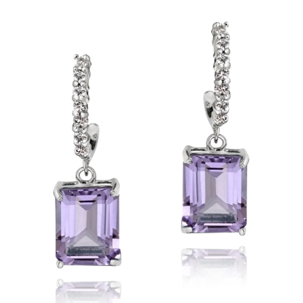 Sterling Silver 5ct Amethyst & White Topaz Rectangle Dangle Earrings-2