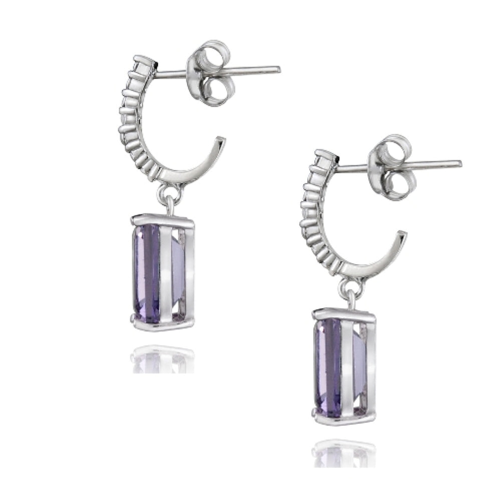 Sterling Silver 5ct Amethyst & White Topaz Rectangle Dangle Earrings-3