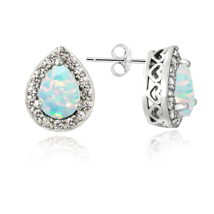 Sterling Silver Created Opal & White Sapphire Teardrop Stud Earrings