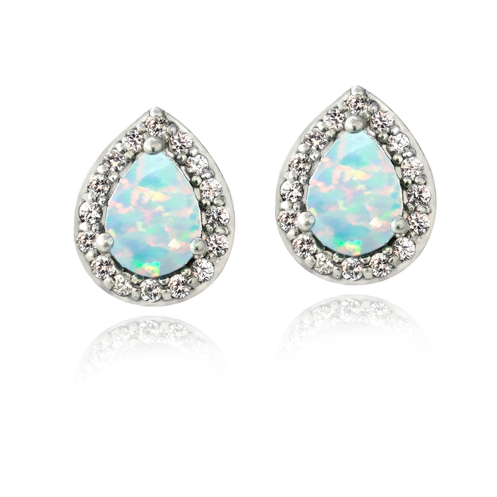 Sterling Silver Created Opal & White Sapphire Teardrop Stud Earrings-2