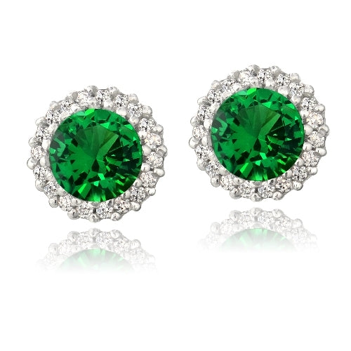 Sterling Silver 3.2ct Created Green Quartz & CZ Halo Stud Earrings