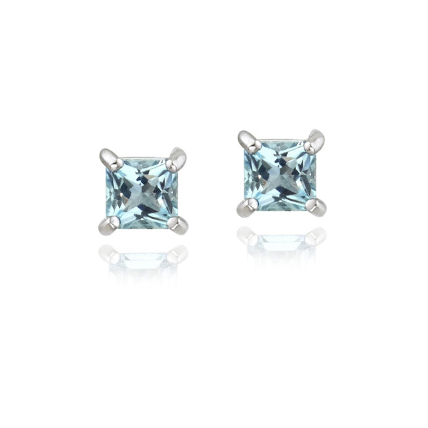Sterling Silver .5ct Blue Topaz Square Stud Earrings, 3mm