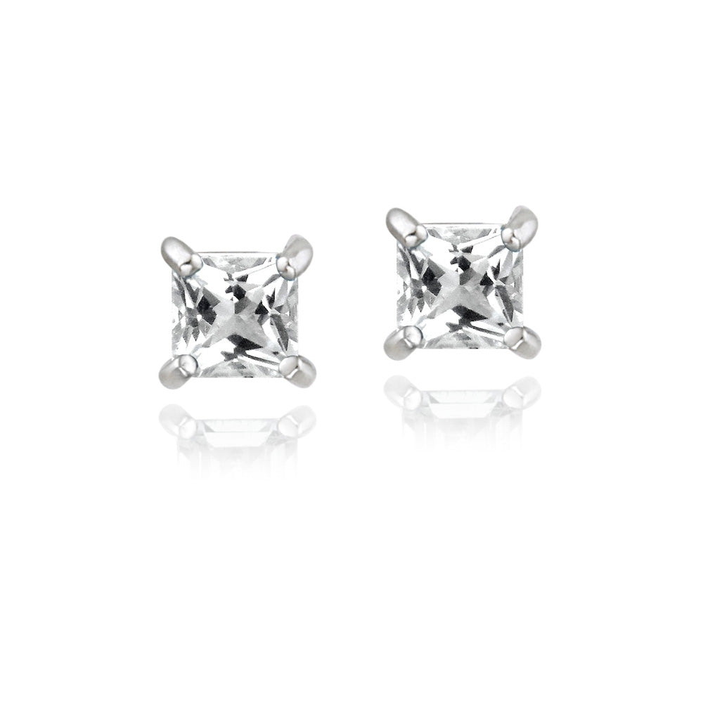 Sterling Silver .5ct White Topaz Square Stud Earrings, 3mm