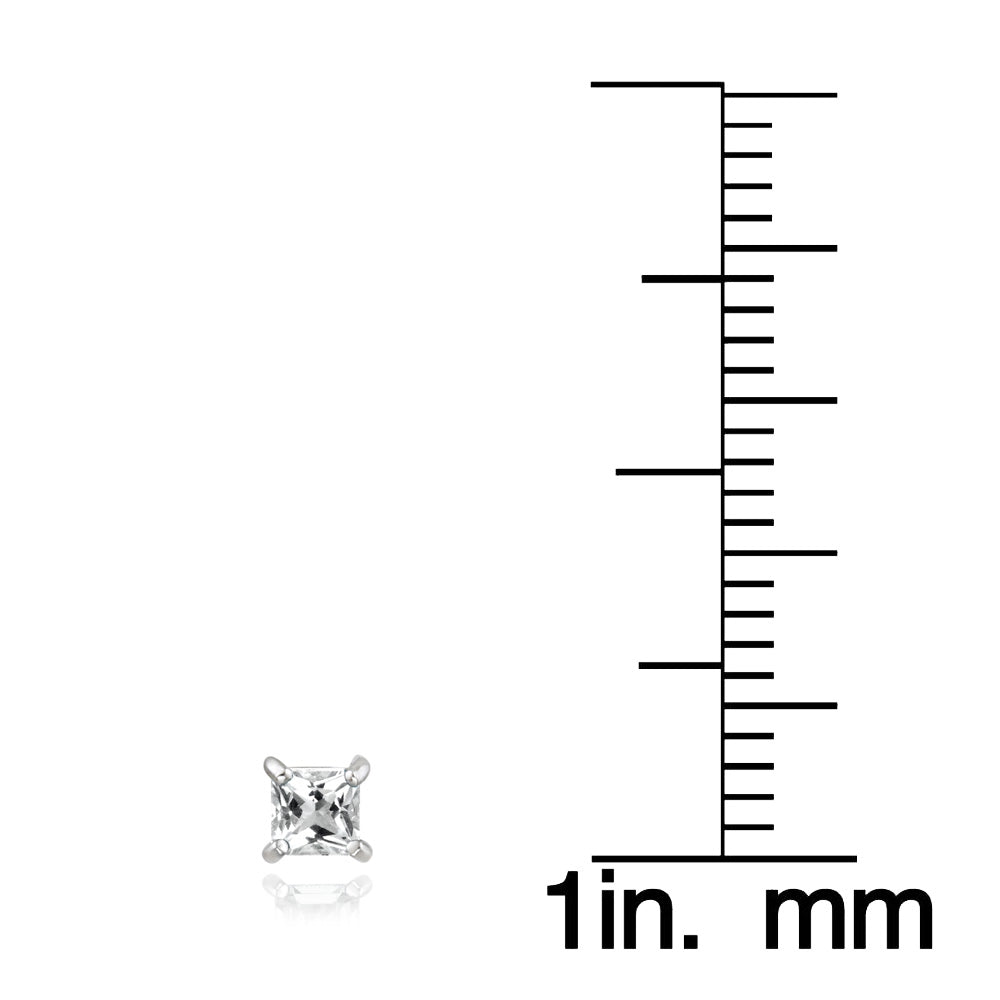 Sterling Silver .5ct White Topaz Square Stud Earrings, 3mm-3