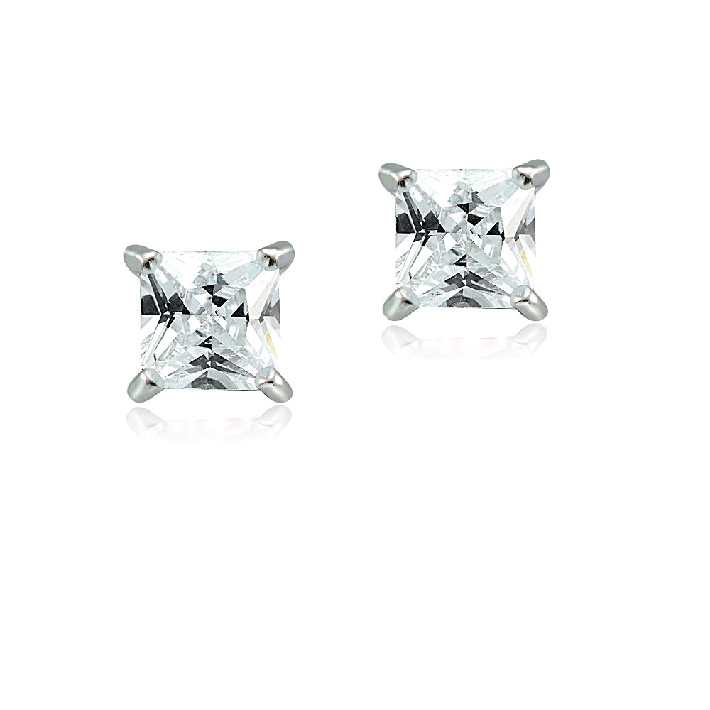 Sterling Silver 1/3ct Cubic Zirconia 3mm Square Stud Earrings-2