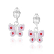 Sterling Silver Pink & Red Enamel Butterfly Girls Dangle Earrings