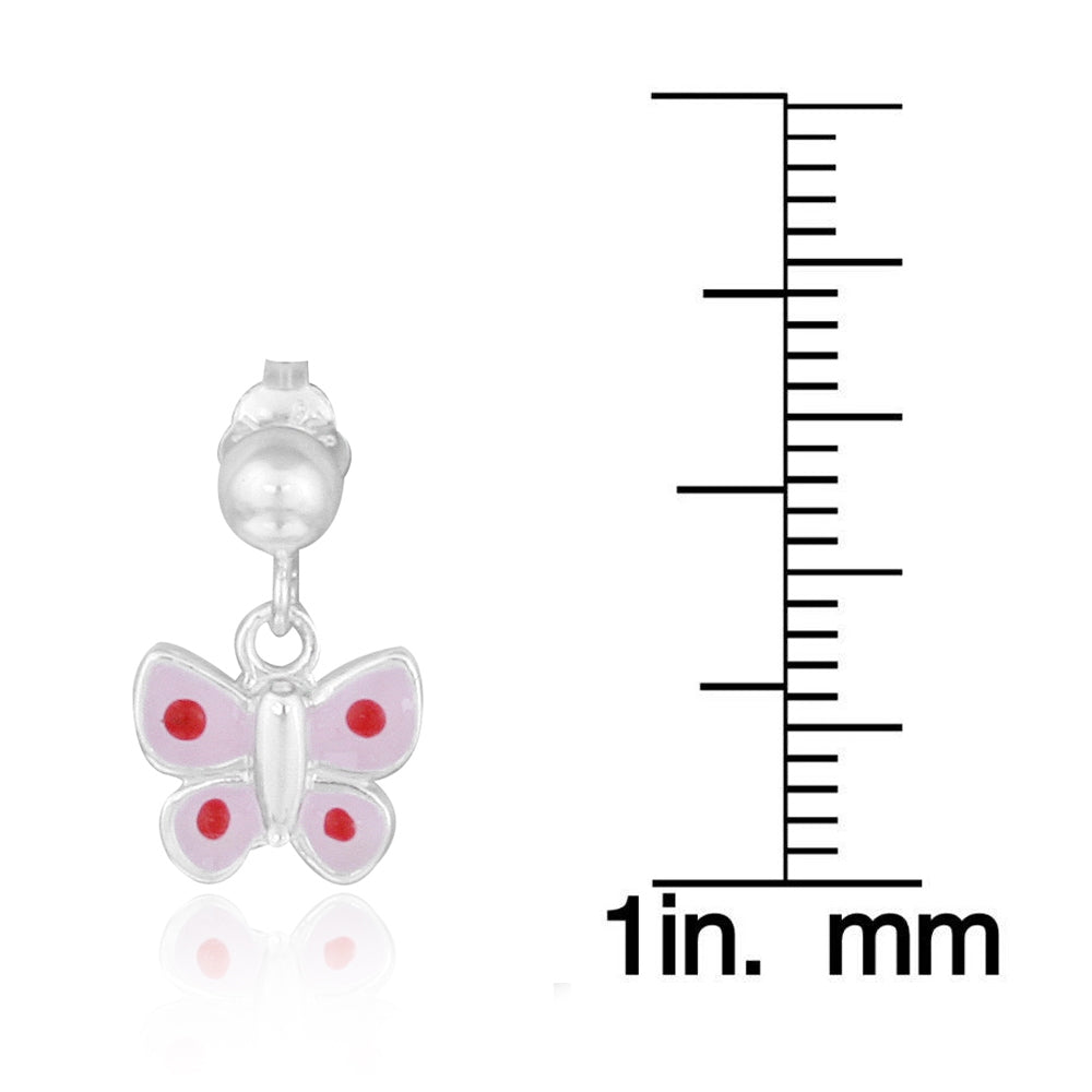 Sterling Silver Pink & Red Enamel Butterfly Girls Dangle Earrings-3