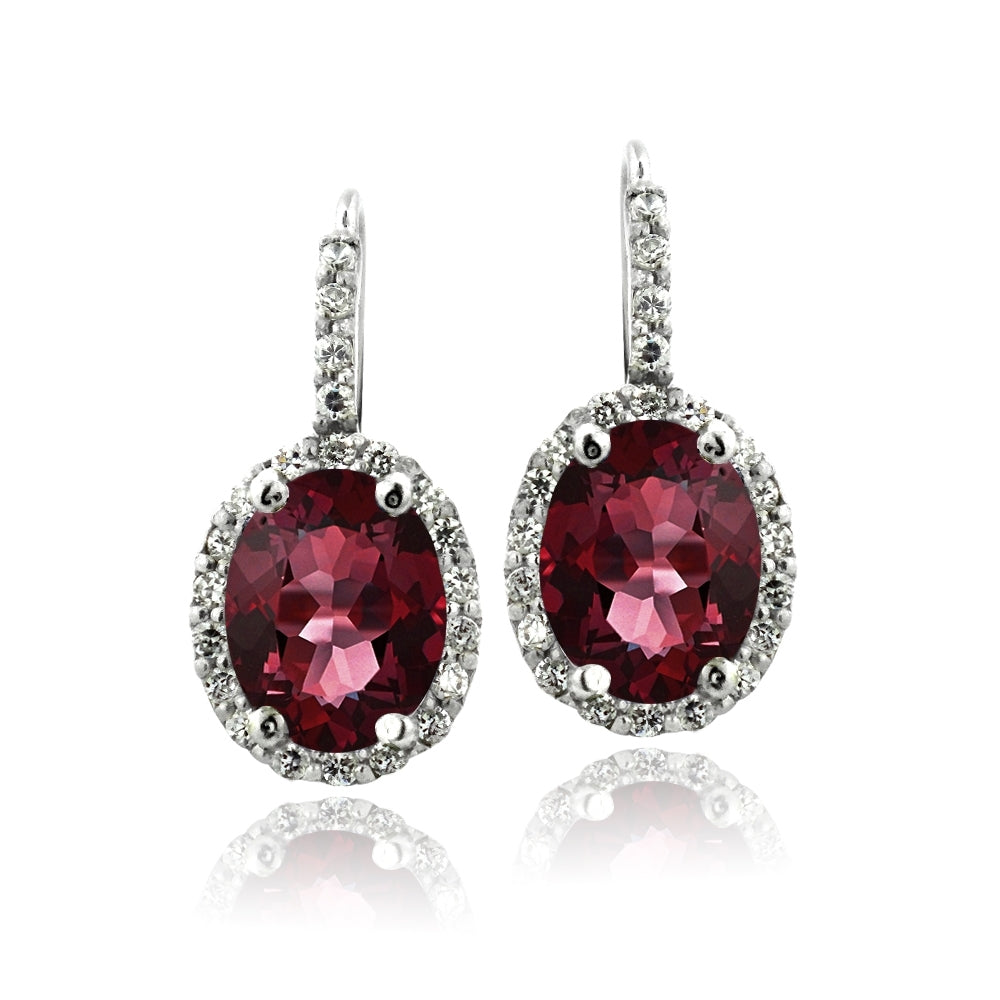 Sterling Silver 4.4ct Garnet & CZ Oval Halo Leverback Earrings