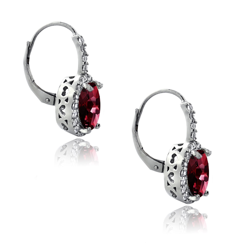 Sterling Silver 4.4ct Garnet & CZ Oval Halo Leverback Earrings-2