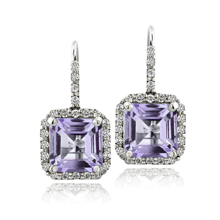 Sterling Silver 4.7ct Amethyst & CZ Square Halo Leverback Earrings