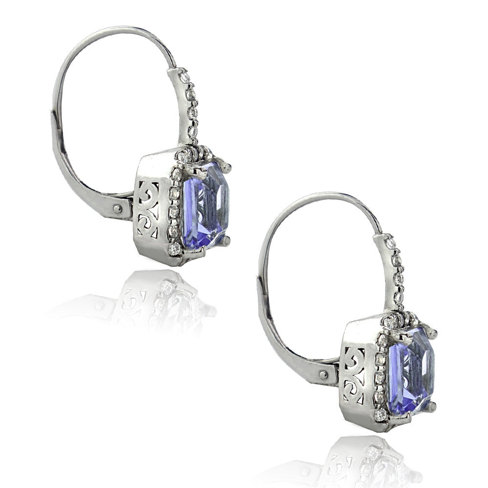 Sterling Silver 4.7ct Amethyst & CZ Square Halo Leverback Earrings-2