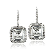 Sterling Silver 6.7ct White Topaz & CZ Square Halo Leverback Earrings
