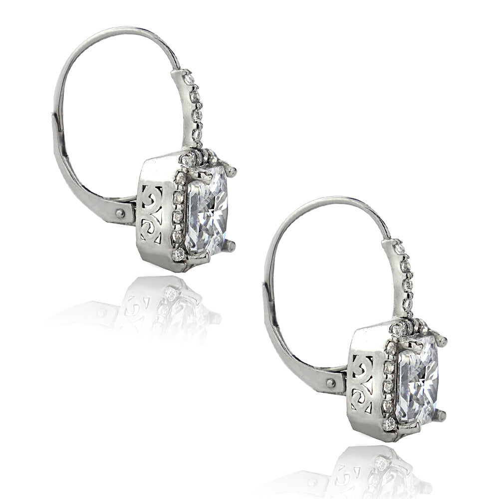 Sterling Silver 6.7ct White Topaz & CZ Square Halo Leverback Earrings-2