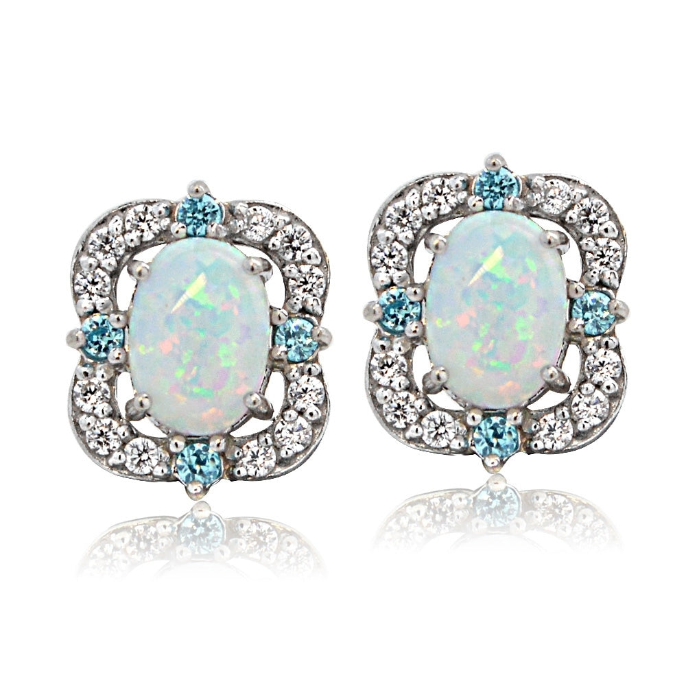 Sterling Silver Created Opal, White Topaz & Aqua CZ Scallop Frame Oval Stud Earrings