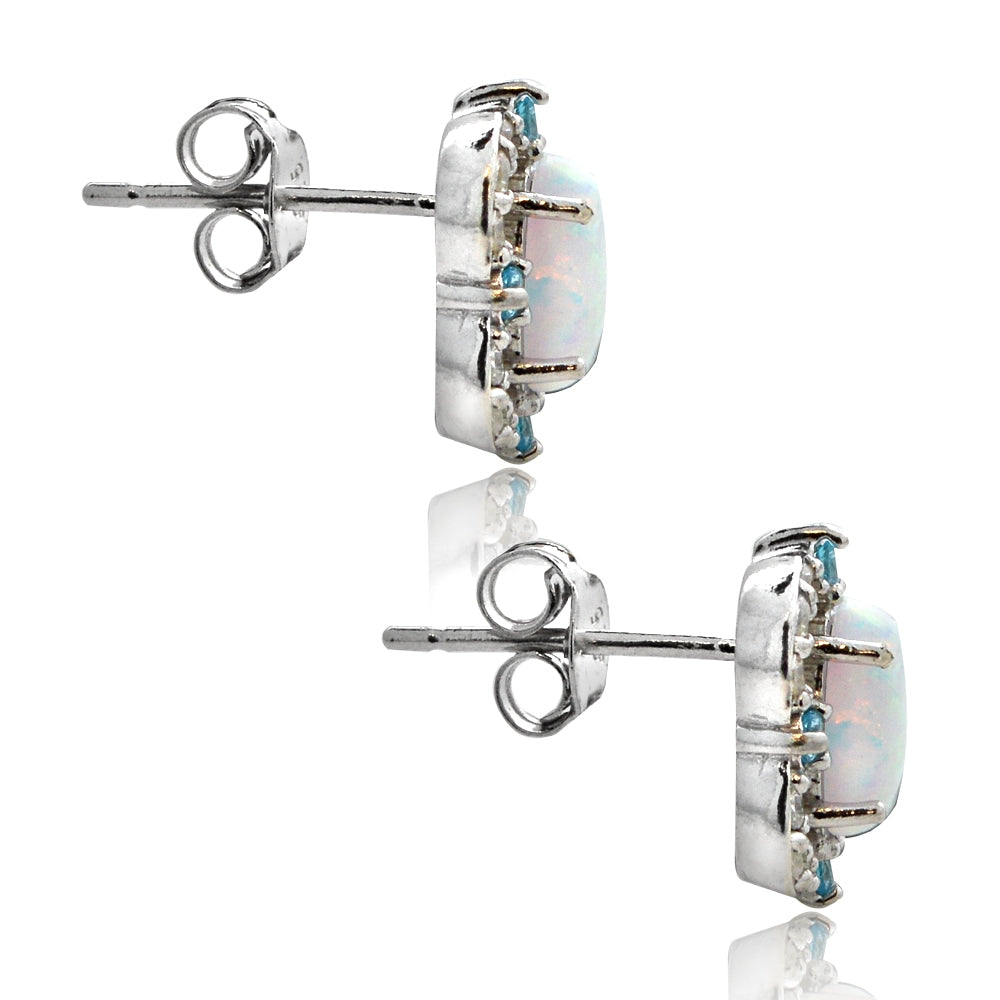 Sterling Silver Created Opal, White Topaz & Aqua CZ Scallop Frame Oval Stud Earrings-2