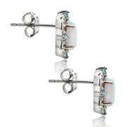 Sterling Silver Created Opal, White Topaz & Aqua CZ Scallop Frame Oval Stud Earrings
