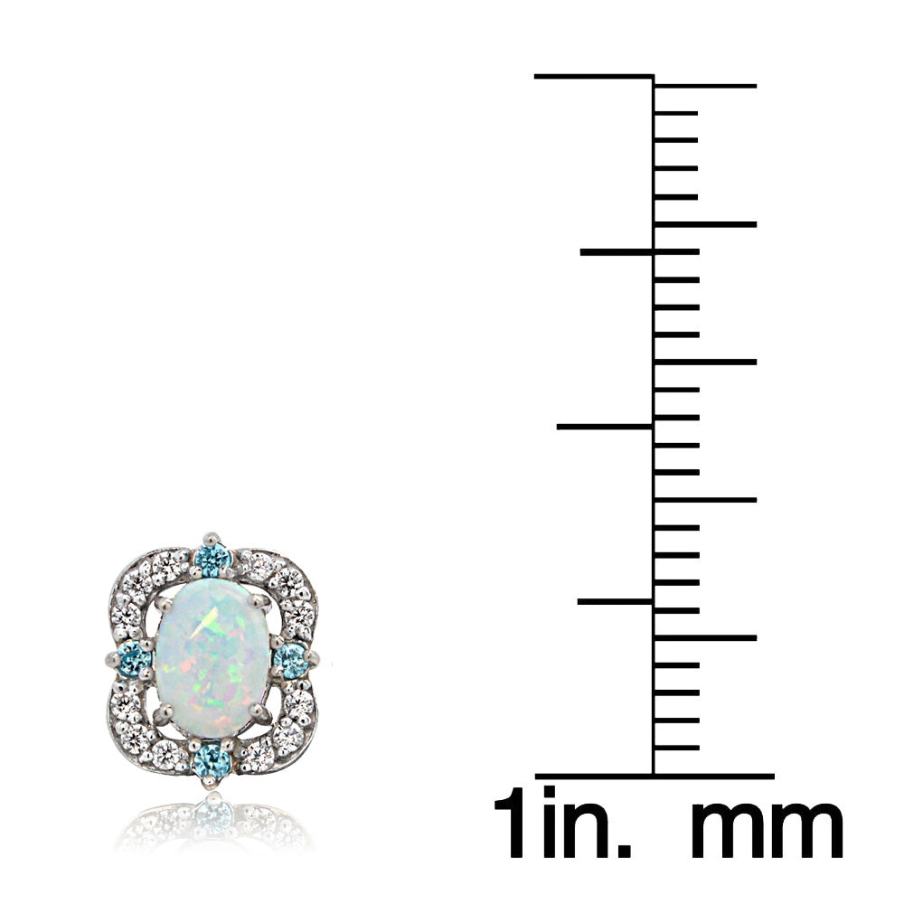 Sterling Silver Created Opal, White Topaz & Aqua CZ Scallop Frame Oval Stud Earrings-3