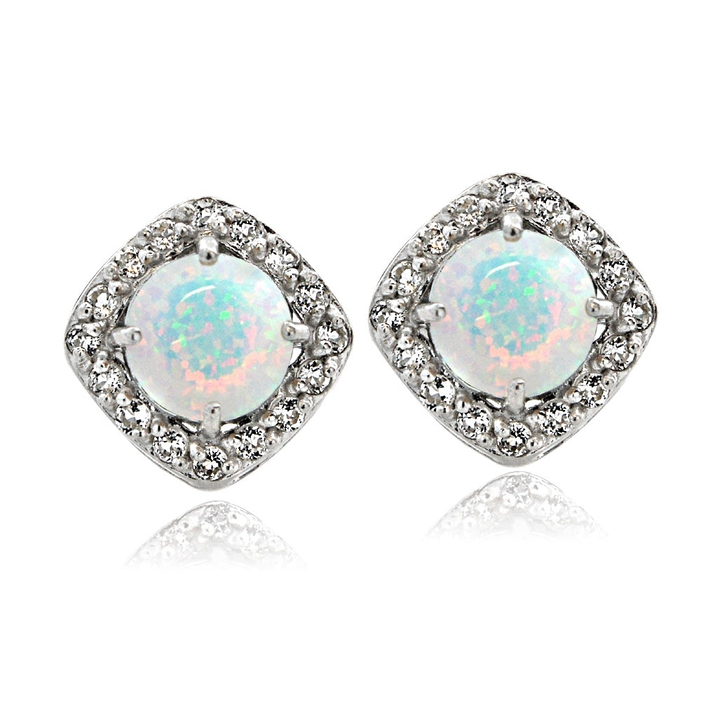 Sterling Silver Created Opal with White Topaz Diamond Shape Stud Earrings