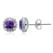 Platinum Plated Sterling Silver 100 Facets Purple Cubic Zirconia Halo Stud Earrings (2cttw)