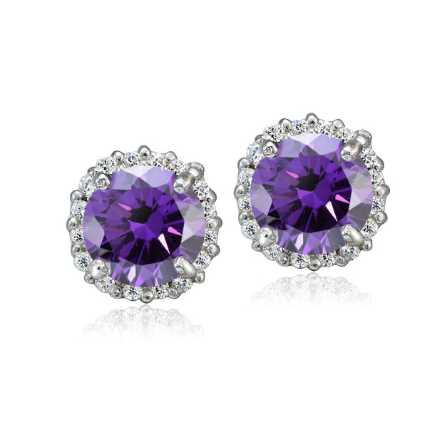 Platinum Plated Sterling Silver 100 Facets Purple Cubic Zirconia Halo Stud Earrings (2cttw)