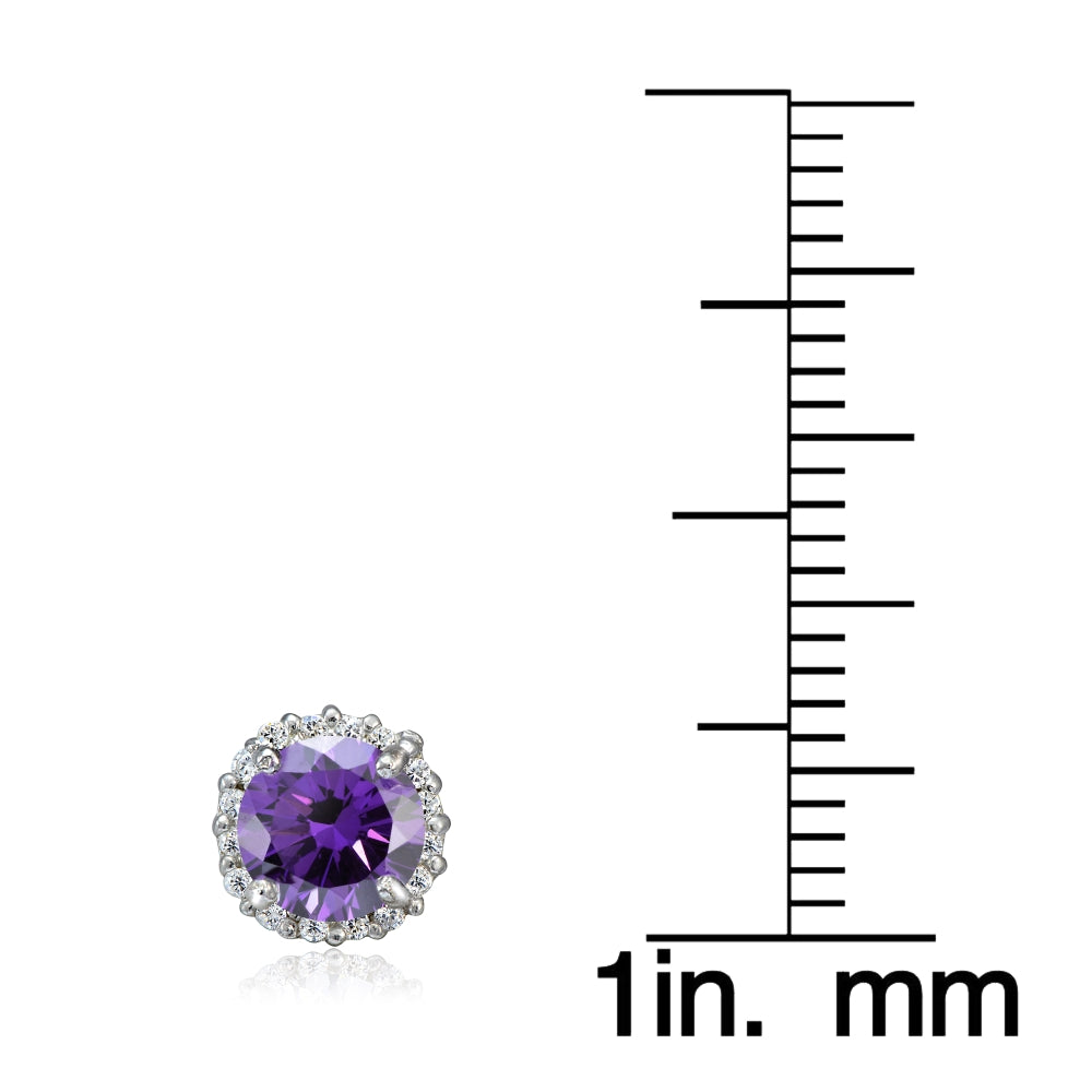 Platinum Plated Sterling Silver 100 Facets Purple Cubic Zirconia Halo Stud Earrings (2cttw)-3