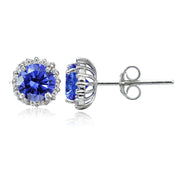 Platinum Plated Sterling Silver 100 Facets Blue Violet Cubic Zirconia Halo Stud Earrings (2cttw)