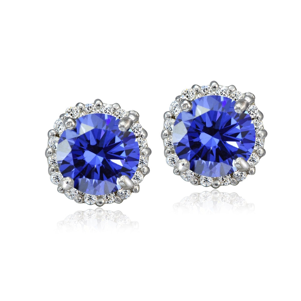 Platinum Plated Sterling Silver 100 Facets Blue Violet Cubic Zirconia Halo Stud Earrings (2cttw)-2