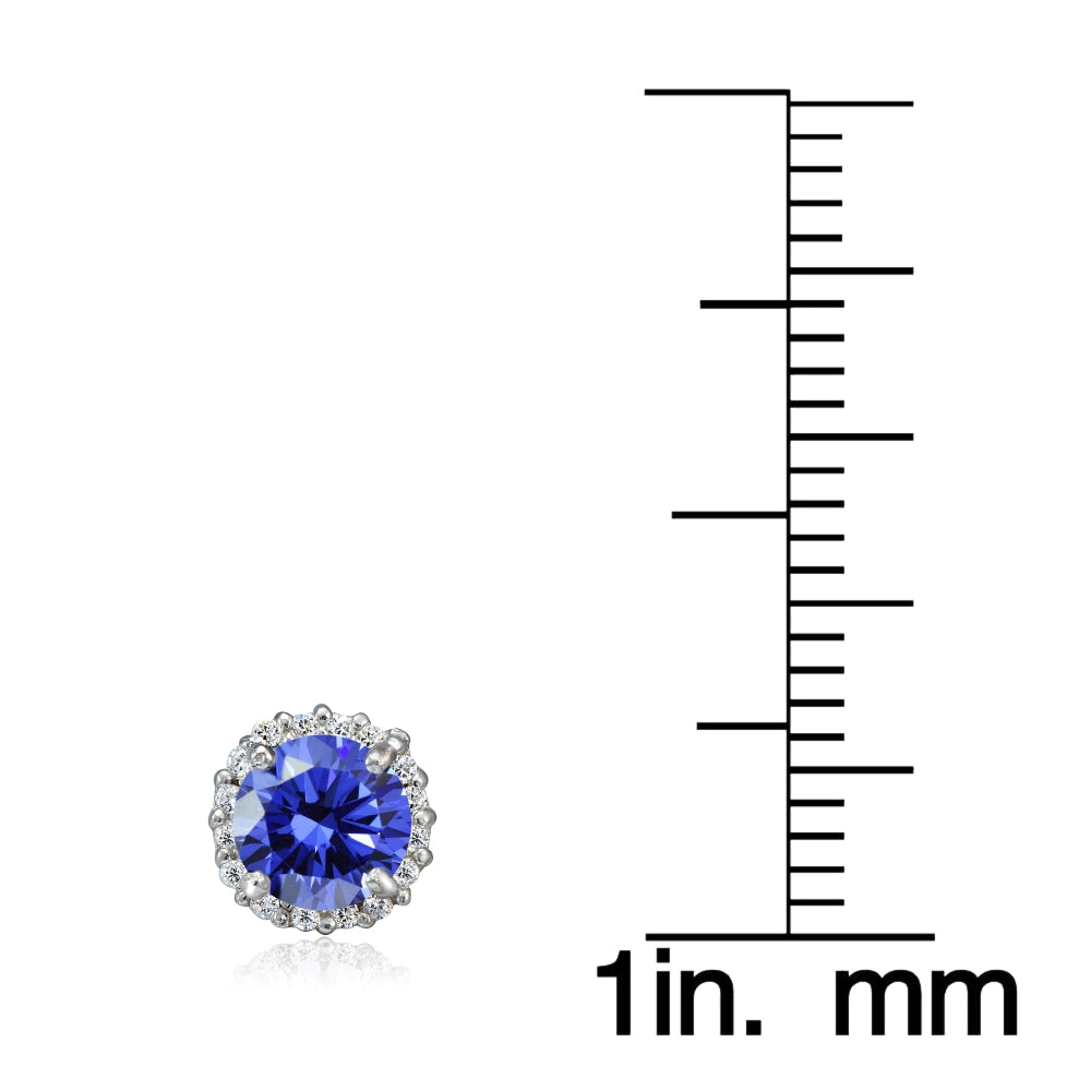 Platinum Plated Sterling Silver 100 Facets Blue Violet Cubic Zirconia Halo Stud Earrings (2cttw)-3