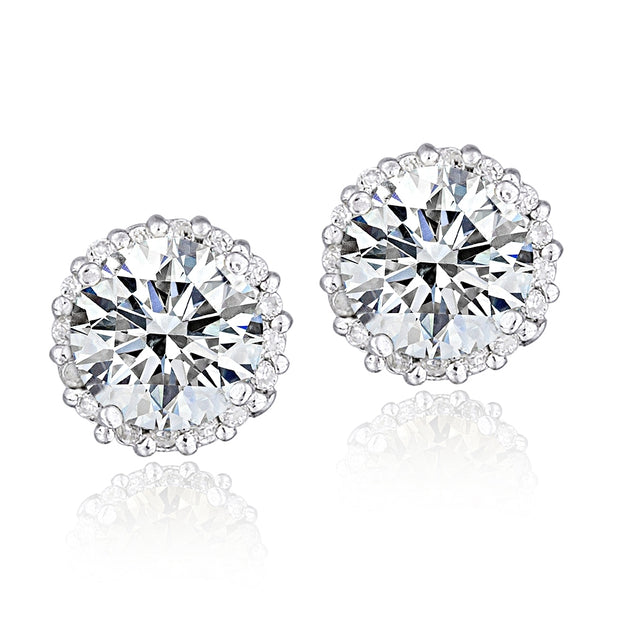 Platinum Plated Sterling Silver 100 Facets Cubic Zirconia Halo Stud Earrings (2ct tdw)