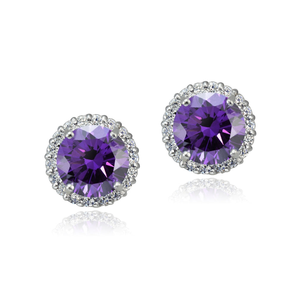 Platinum Plated Sterling Silver 100 Facets Purple Cubic Zirconia Halo Stud Earrings (3cttw)-2