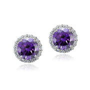 Platinum Plated Sterling Silver 100 Facets Purple Cubic Zirconia Halo Stud Earrings (3cttw)