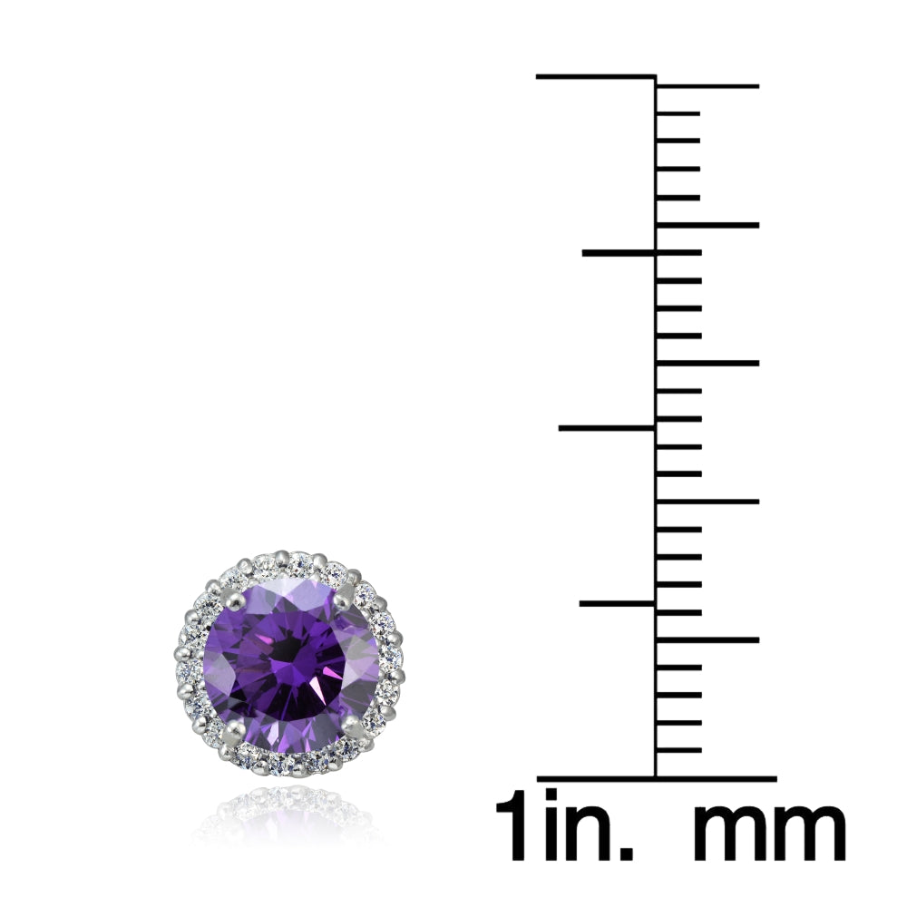 Platinum Plated Sterling Silver 100 Facets Purple Cubic Zirconia Halo Stud Earrings (3cttw)-3