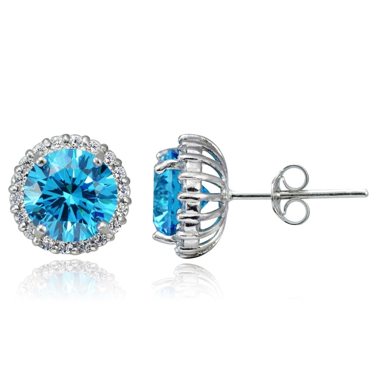 Platinum Plated Sterling Silver 100 Facets Blue Cubic Zirconia Halo Stud Earrings (3cttw)