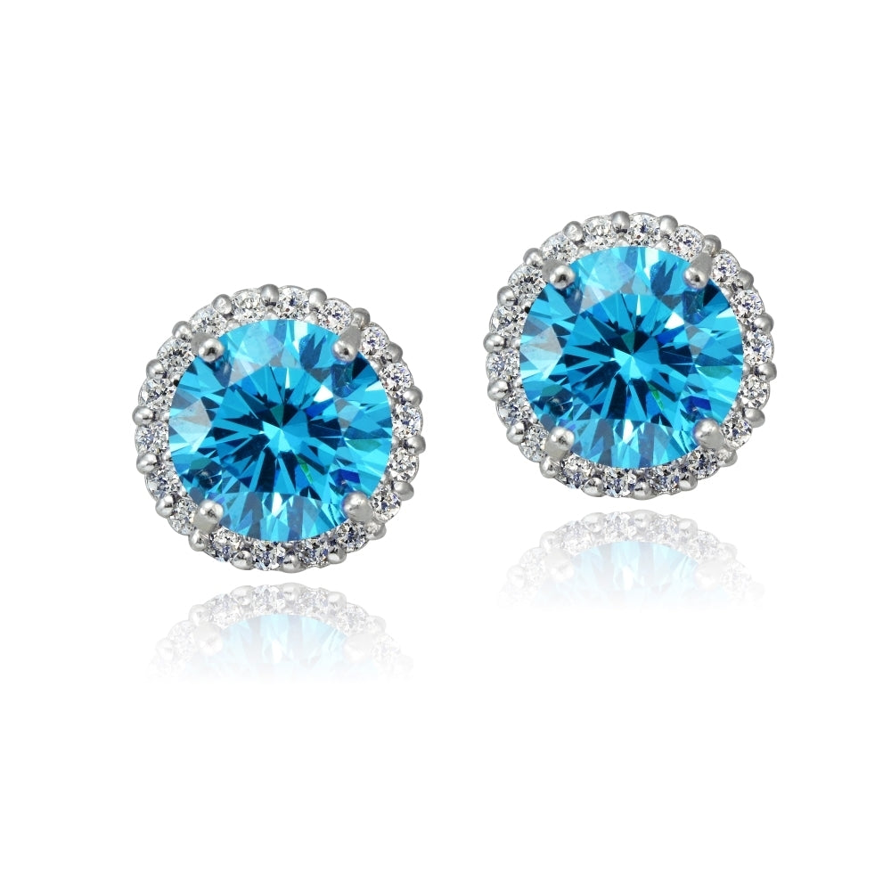 Platinum Plated Sterling Silver 100 Facets Blue Cubic Zirconia Halo Stud Earrings (3cttw)-2