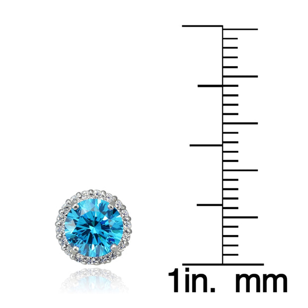 Platinum Plated Sterling Silver 100 Facets Blue Cubic Zirconia Halo Stud Earrings (3cttw)