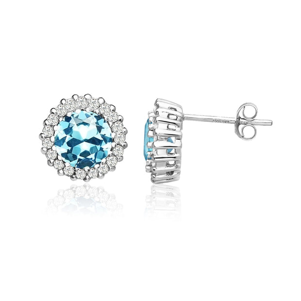 Sterling Silver Created Aquamarine and Cubic Zirconia Round Halo Stud Earrings