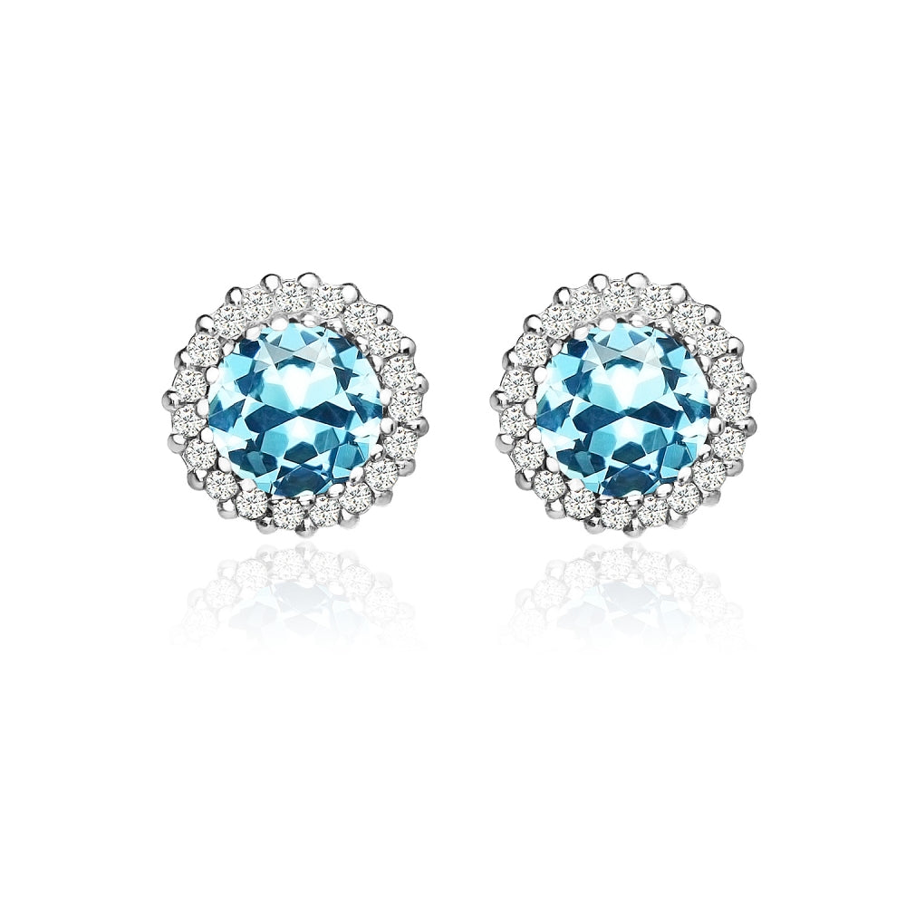 Sterling Silver Created Aquamarine and Cubic Zirconia Round Halo Stud Earrings-2