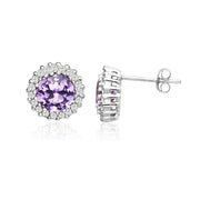 Sterling Silver Created Amethyst and Cubic Zirconia Round Halo Stud Earrings