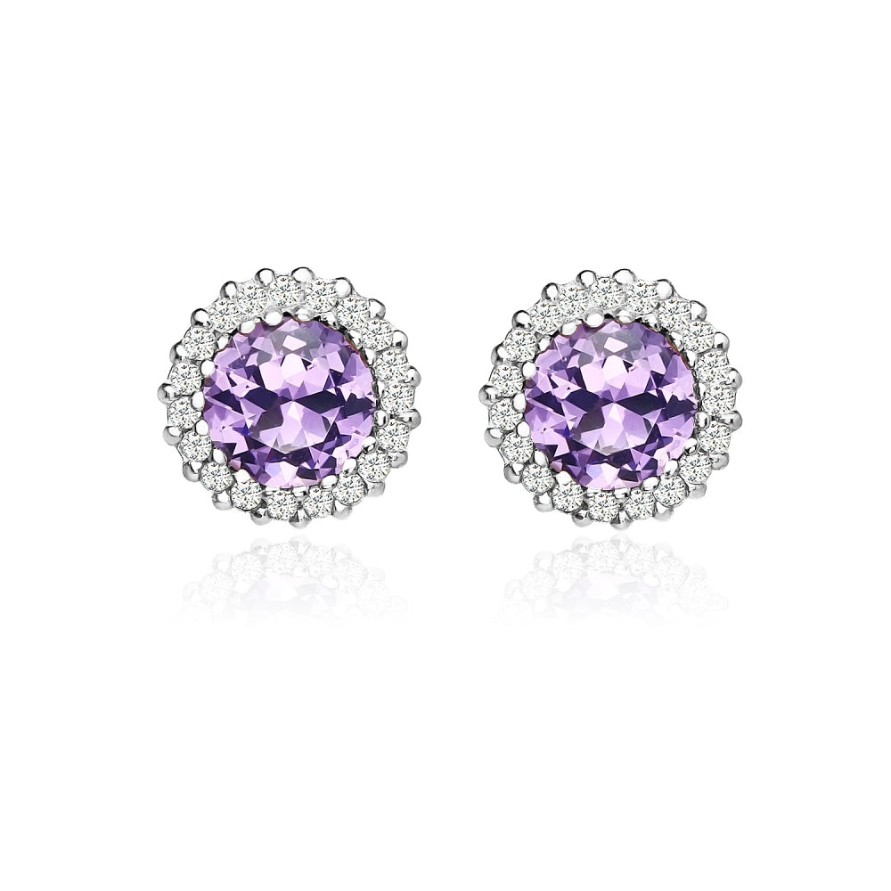 Sterling Silver Created Amethyst and Cubic Zirconia Round Halo Stud Earrings-2