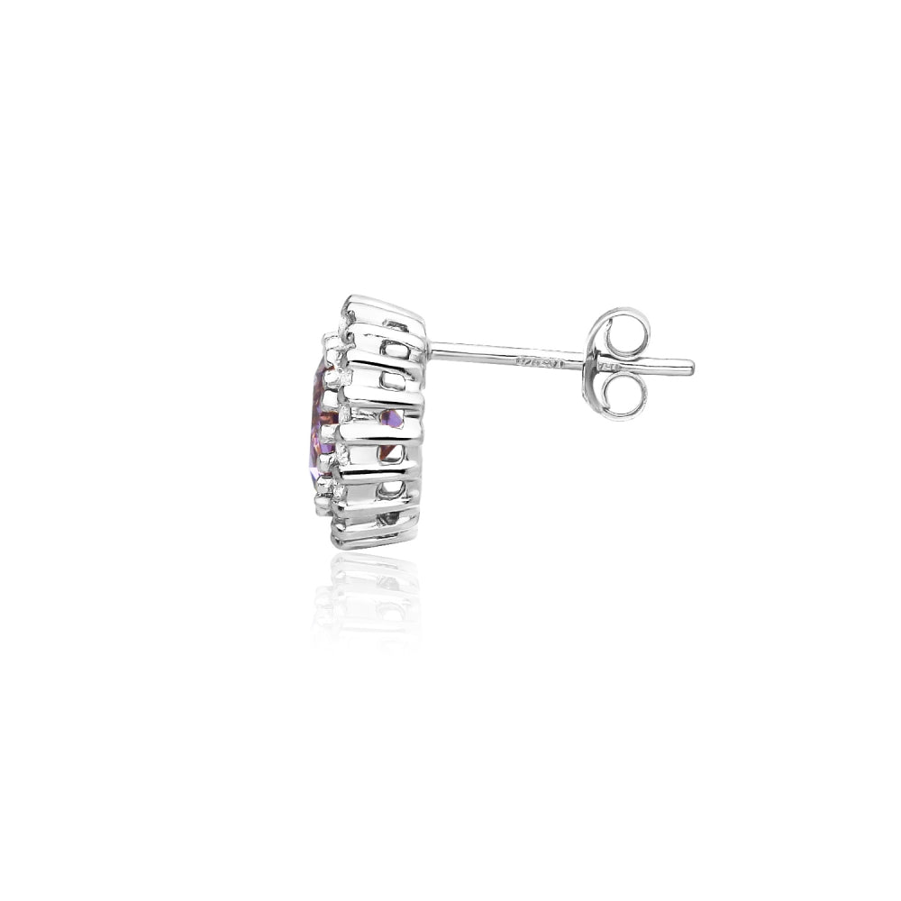 Sterling Silver Created Amethyst and Cubic Zirconia Round Halo Stud Earrings-3