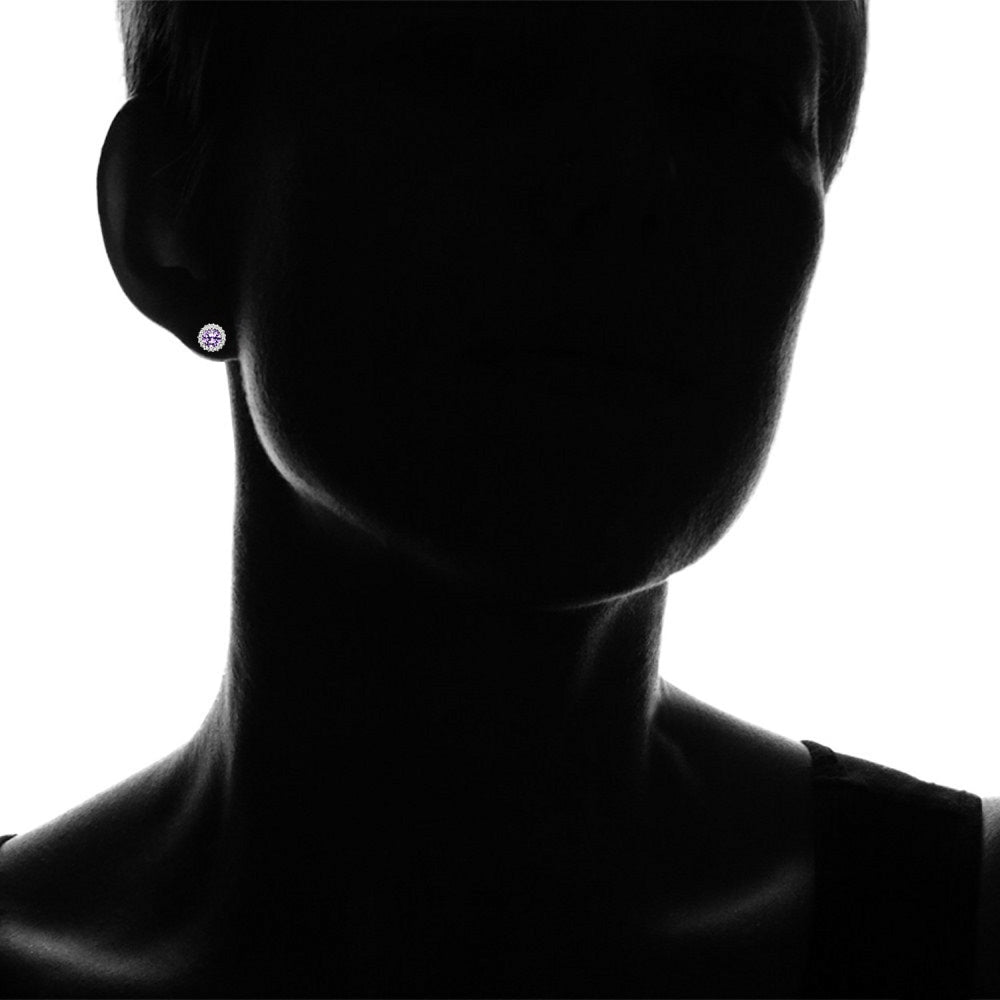 Sterling Silver Created Amethyst and Cubic Zirconia Round Halo Stud Earrings-4