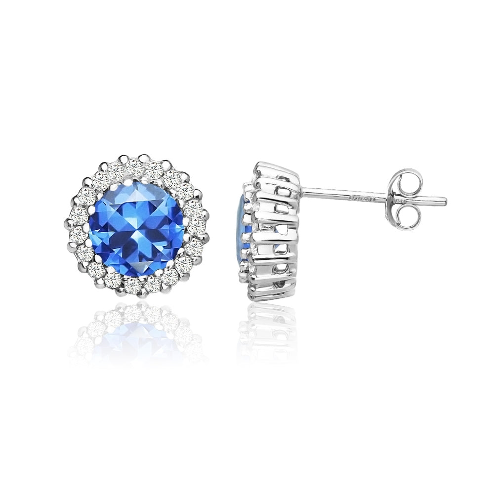 Sterling Silver Created Blue Sapphire and Cubic Zirconia Round Halo Stud Earrings