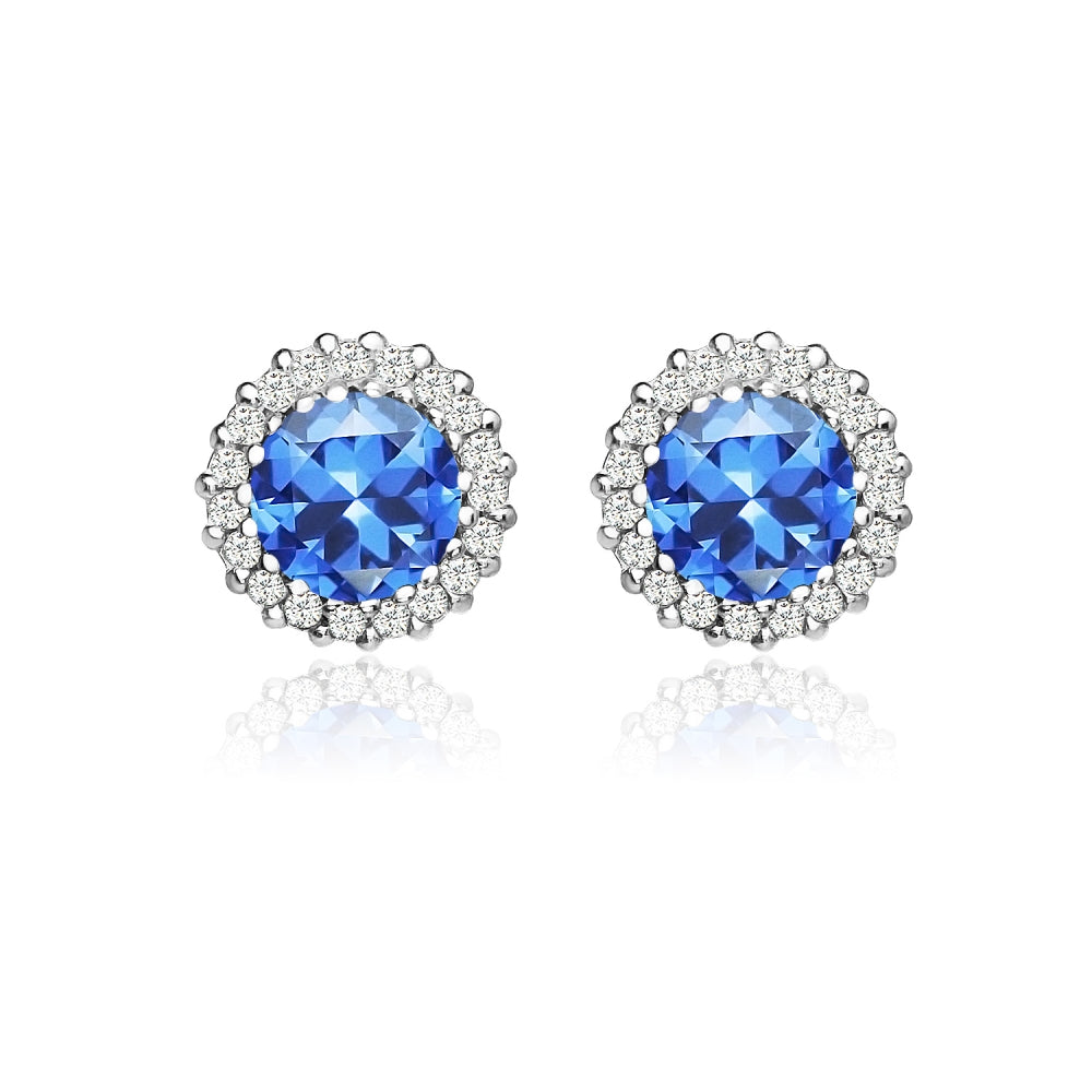 Sterling Silver Created Blue Sapphire and Cubic Zirconia Round Halo Stud Earrings-2